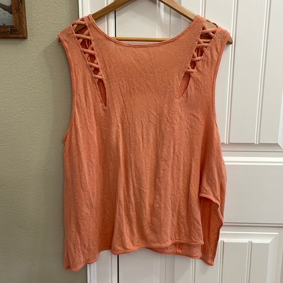 FREE PEOPLE oversized linen blend tangerine top.  L - Picture 3 of 6
